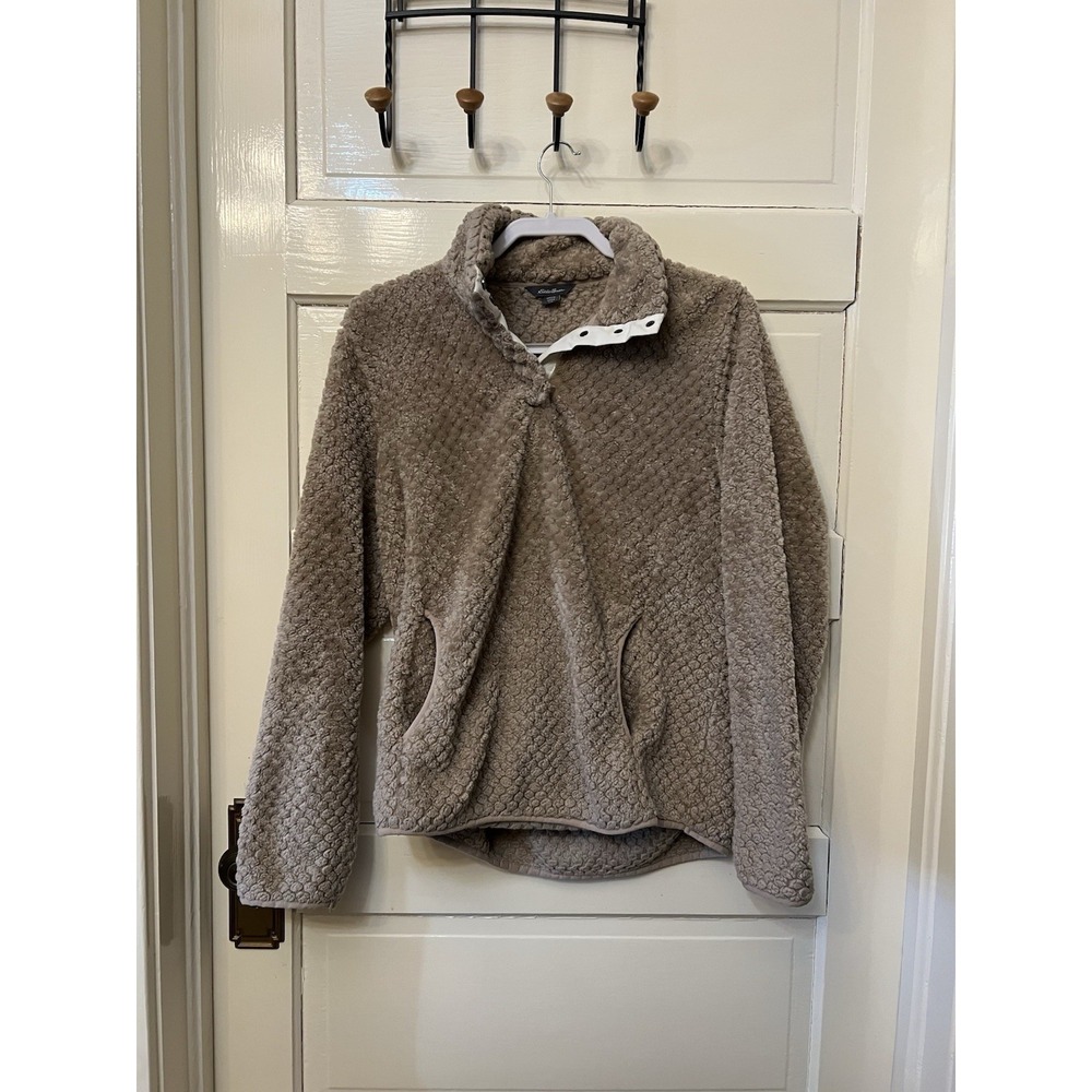 Eddie Bauer Sherpa Sweater Women's 1/4 Snap Quilted Pullover Sz Large Tan